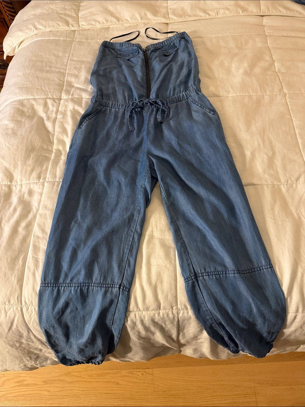 bebe Blue Denim-Look Strapless Jumpsuit